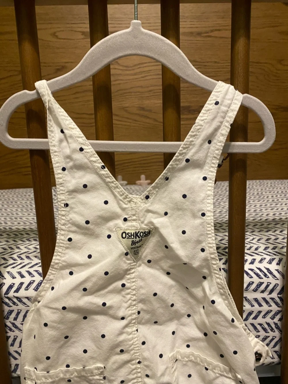 OshKosh B'gosh Cream Short Polka Dot Overalls with Navy Dots